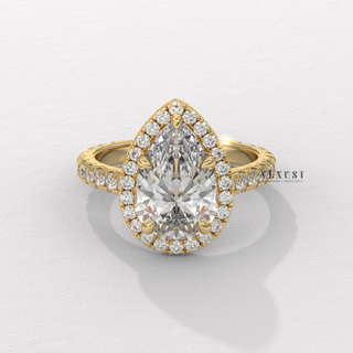 Brilliant Halo Pave Pear Cut Moissanite Engagement Ring front view