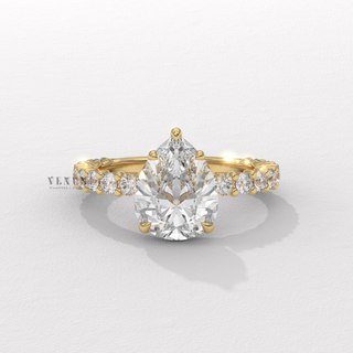 Pear 3/4 pave moissanite engagement ring front view