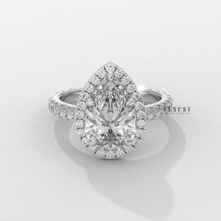 Brilliant Halo Pave Pear Cut Moissanite Engagement Ring profile view
