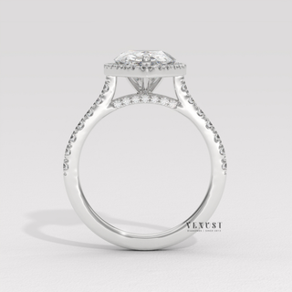 Sparkling Halo Pave Pear Cut Moissanite Engagement Ring studio view