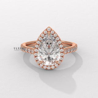 Sparkling Halo Pave Pear Cut Moissanite Engagement Ring front view