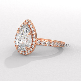 Brilliant Halo Pave Pear Cut Moissanite Engagement Ring band detail