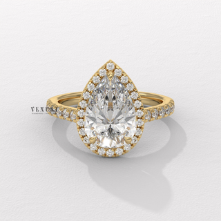 Sparkling Halo Pave Pear Cut Moissanite Engagement Ring angled view