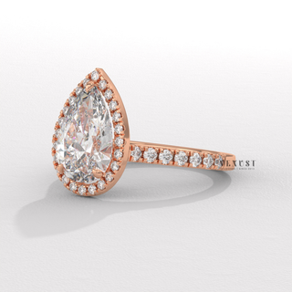 Sparkling Halo Pave Pear Cut Moissanite Engagement Ring side view