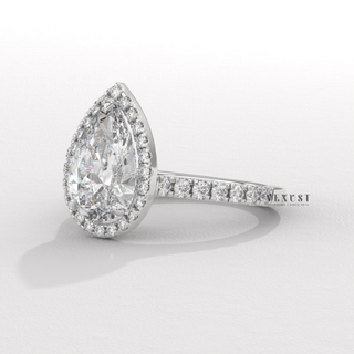 Sparkling Halo Pave Pear Cut Moissanite Engagement Ring overhead view
