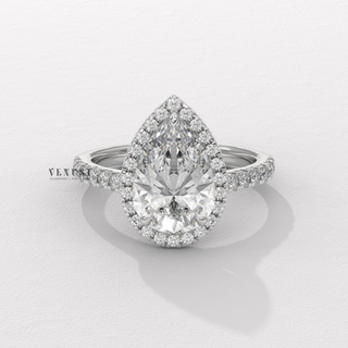 Sparkling Halo Pave Pear Cut Moissanite Engagement Ring profile view