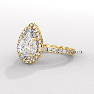 Brilliant Halo Pave Pear Cut Moissanite Engagement Ring side view