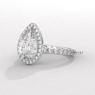 Brilliant Halo Pave Pear Cut Moissanite Engagement Ring overhead view