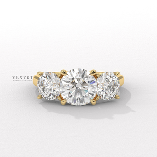 Round cut three stone moissanite ring front view