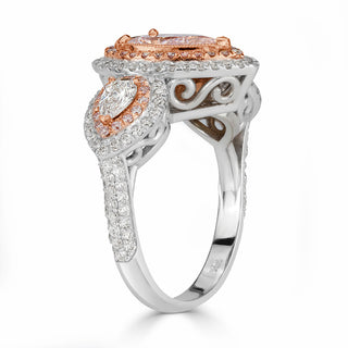 Light pink pear double halo moissanite ring stone detail view
