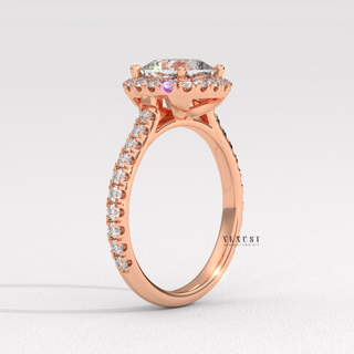 Sparkling Halo Pave Cushion Cut Moissanite Engagement Ring three quarter view