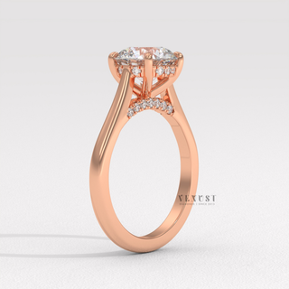 Full view of a round brilliant moissanite engagement ring with a hidden halo and cathedral setting with band detail