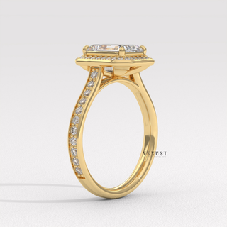 Double Halo Moissanite Emerald Cut Engagement Ring three quarter view