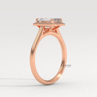 Halo Solitaire Moissanite Emerald Cut Engagement Ring three quarter view