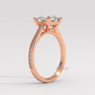 Moissanite princess cut engagement ring top view  Princess Cathedral Pave detail view 9