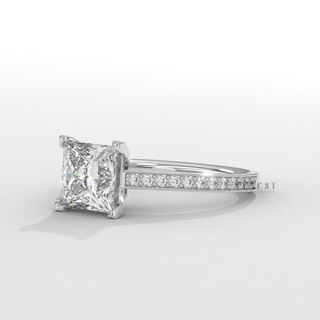 Cathedral princess moissanite ring close up