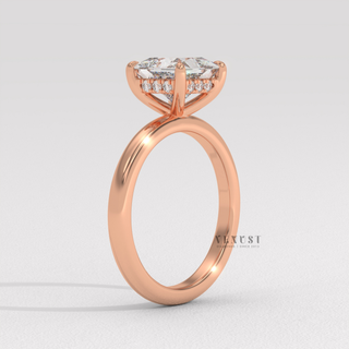 Three-quarter angle of a princess cut moissanite engagement ring in a hidden halo solitaire setting