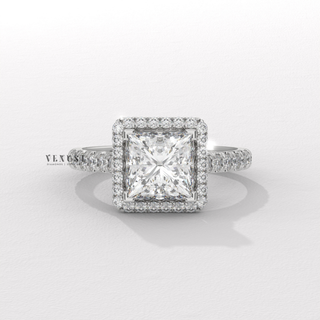 Sparkling Pave Princess Cut Moissanite Engagement Ring profile view
