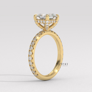 Side profile of a princess cut moissanite engagement ring with a hidden halo and pave band