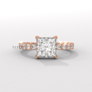 Princess cut moissanite ring with three quarter pave detail
