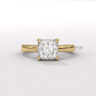 Detailed setting shot of a princess cut moissanite engagement ring in a hidden halo solitaire setting