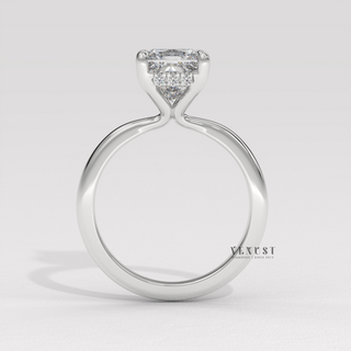 Top-down view of a princess cut moissanite engagement ring in a hidden halo solitaire setting