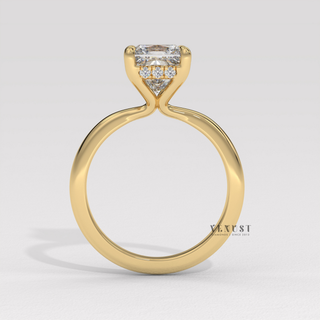 Side profile of a princess cut moissanite engagement ring in a hidden halo solitaire setting