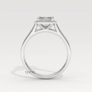Halo Solitaire Moissanite Emerald Cut Engagement Ring close-up of the centre stone