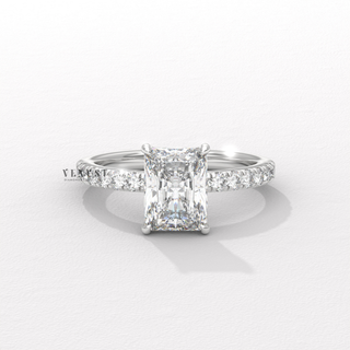 Overhead close-up of a radiant cut moissanite engagement ring with a pave band