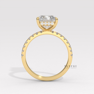 Front view of a radiant cut moissanite engagement ring with a hidden halo and pave band from the right