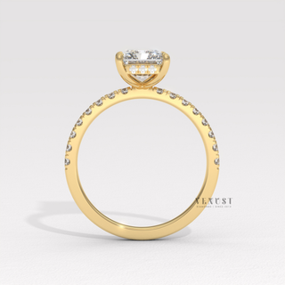 Lifestyle photo of a radiant cut moissanite engagement ring with a hidden halo and pave band on the hand