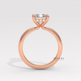 Top-down view of a radiant cut moissanite engagement ring in a hidden halo solitaire setting