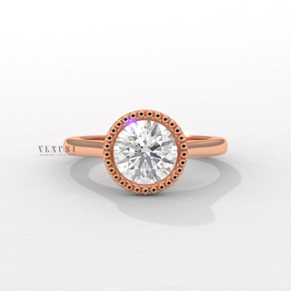 Round moissanite engagement ring side profile  Round Unique Bezel detail view 3