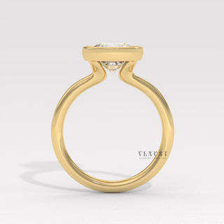 Rose gold round cut moissanite ring on hand  Round Bezel detail view 7