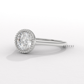 Unique bezel round moissanite ring angled view