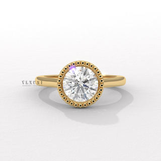 Round unique bezel moissanite engagement ring front view
