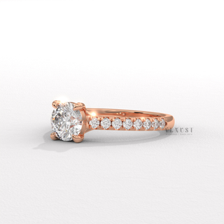 Cathedral round moissanite ring with half pave detail