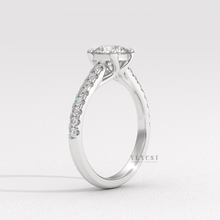 Half pave round moissanite engagement ring detail