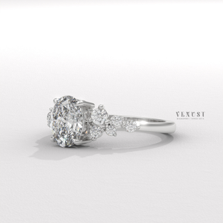 Oval cut moissanite ring angled view