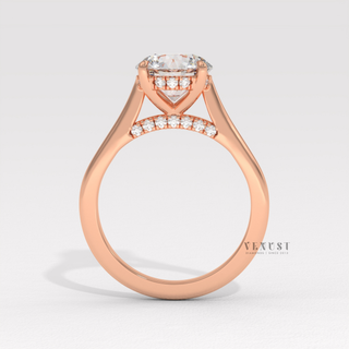 Top-down view of a round brilliant moissanite engagement ring with a hidden halo and cathedral setting