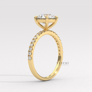 Rose gold round cut moissanite ring on hand  Round Half Pave detail view 7