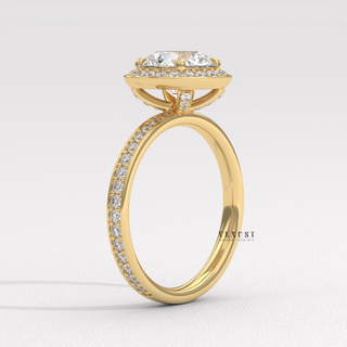Brilliant Halo Pave Round Cut Moissanite Engagement Ring three quarter view