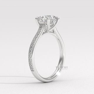Rose gold round cut moissanite ring on hand  Round 3/4 Pave Cathedral detail view 8