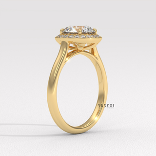 Round Cut Halo Solitaire Moissanite Engagement Ring three quarter view