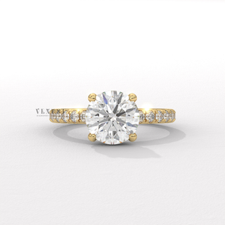 Front view of a round cut moissanite engagement ring with a hidden halo and pave band