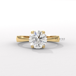 Overhead close-up of a round cut moissanite engagement ring in a hidden halo solitaire setting