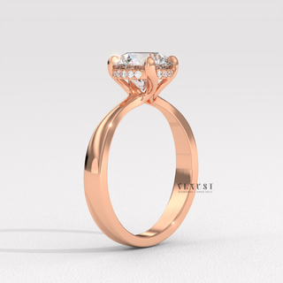 Lifestyle photo of a round cut moissanite engagement ring in a hidden halo solitaire setting on the hand