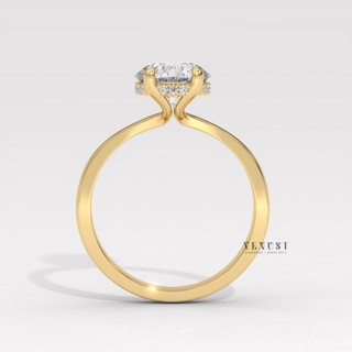 Full view of a round cut moissanite engagement ring in a hidden halo solitaire setting with band detail