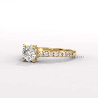 Round cut moissanite diamond ring close up  Round Half Pave Cathedral detail view 4