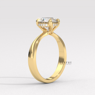 Low-angle view of a round cut moissanite engagement ring in a hidden halo solitaire setting